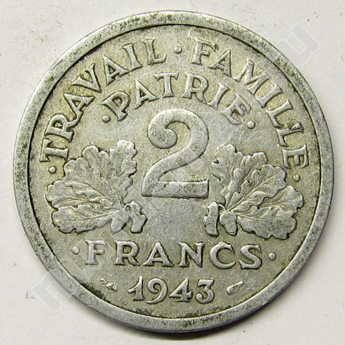 Монета: 2 francs 1943 г. (реверс)