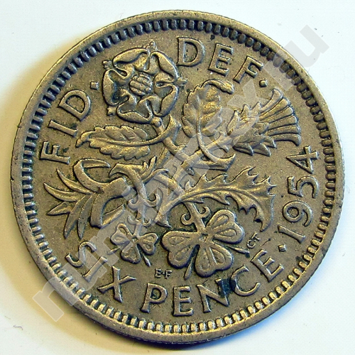 Монета: 6 пенсов 1954 г. (реверс)