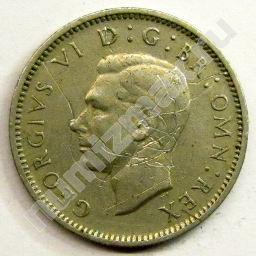 Монета: 6 pence 1949 г. (аверс)