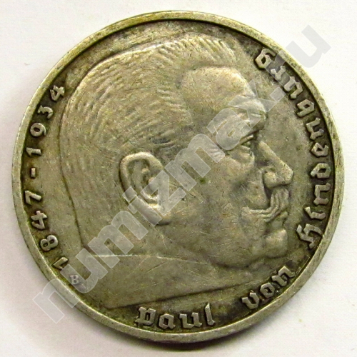 Монета: 5 рейхсмарок 1939 г. (аверс)