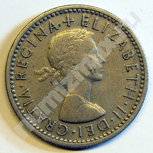 Монета: 6 пенсов 1954 г. (аверс)