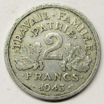 Монета: 2 francs 1943 г. (Франция)