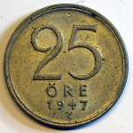 Монета: 25 эре 1947 г. (Швеция)