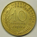 Монета: 10 сентимов 1974 г. (Франция)